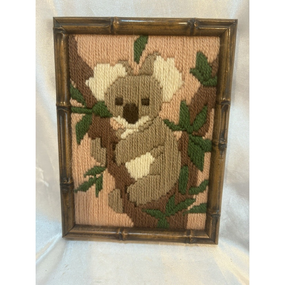 Koala bear Hand Made needle point picture framed in bamboo 7" x 5" Mid Centry